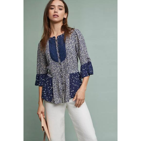 ANTHROPOLOGIE MAEVE sz 0 Hiver peasant blouse in blue motif EUC - Picture 1 of 9